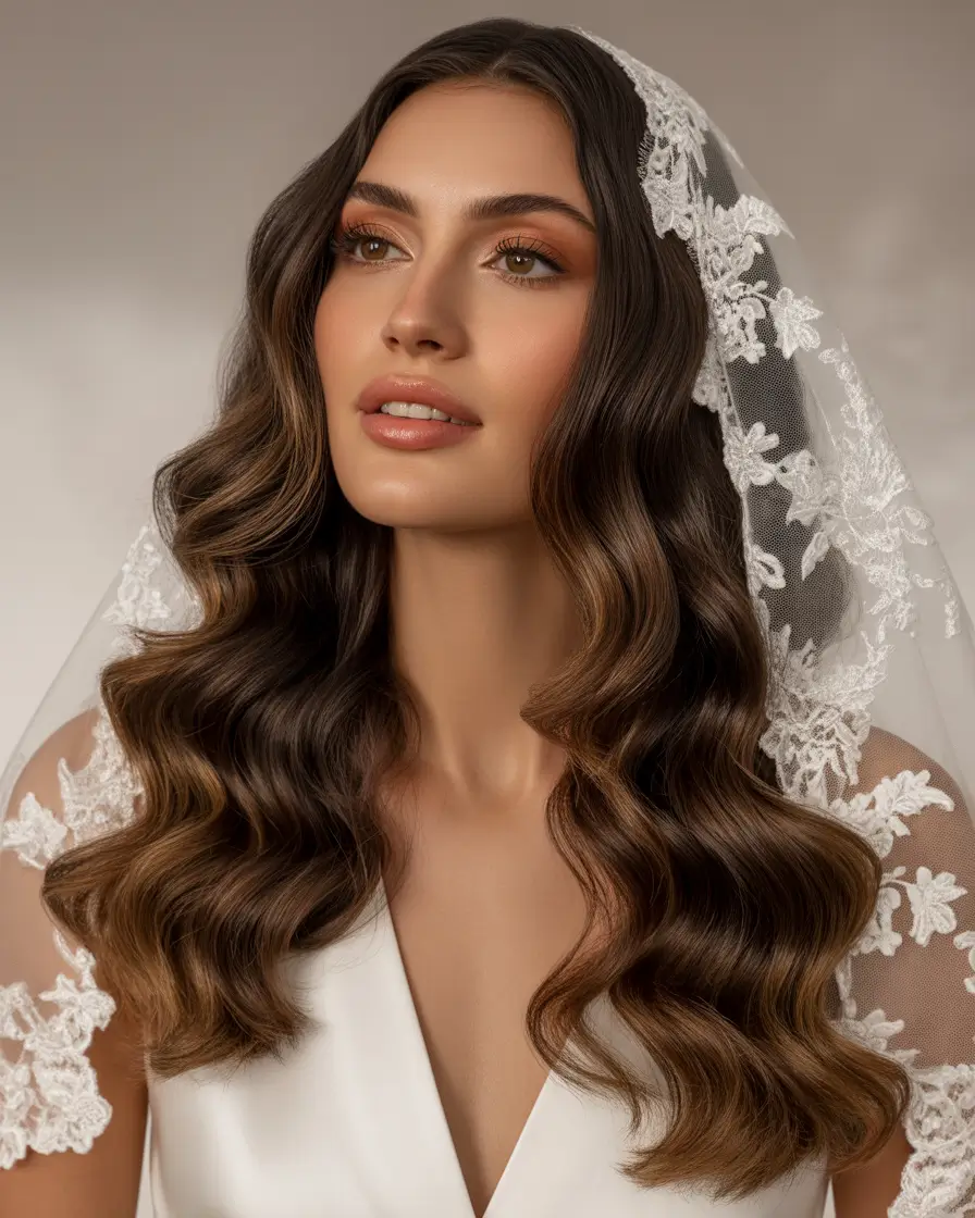 Wedding hair ideas 2026 - Soft Hollywood Waves With Lace Veil