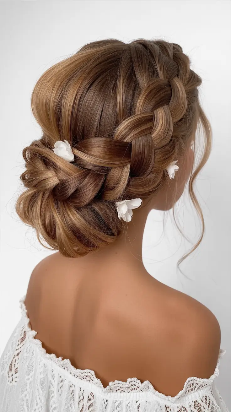Wedding hair ideas 2026 - Braided Low Updo With Soft Florals