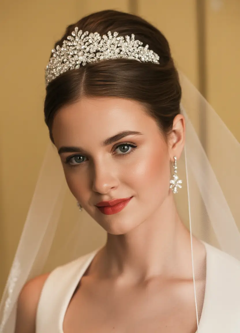 Wedding hair ideas 2026 - Classic Bridal Bun With Crystal Tiara