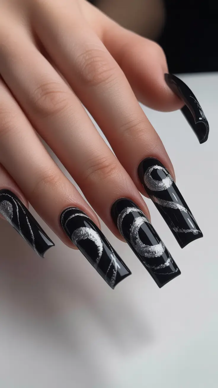 Black nails inspiration 2026 Glossy Black with Silver Motion Lines