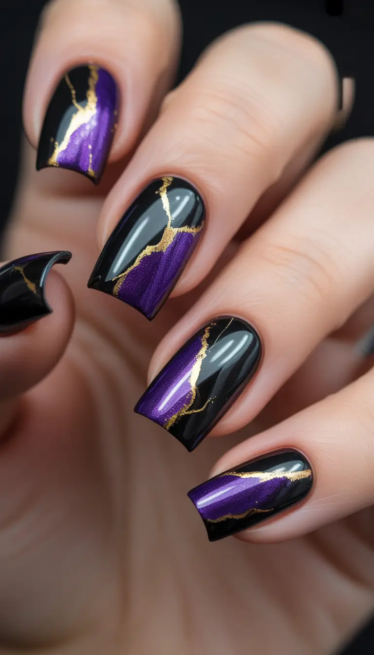 Black nails inspiration 2026 Black with Purple and Gold Veining