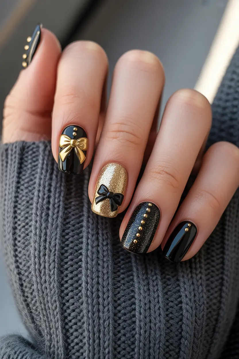 Black nails inspiration 2026 Black and Gold Statement with Bow Details