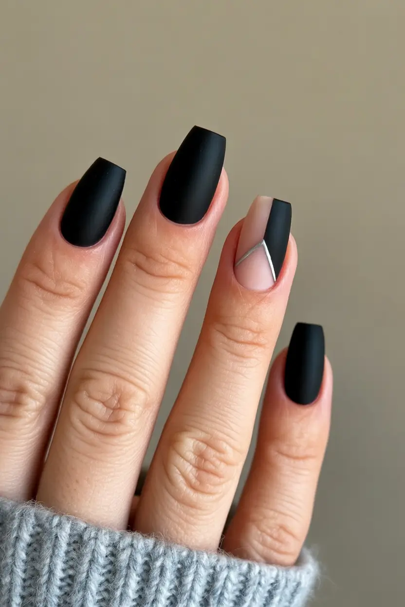 Black nails inspiration 2026 Minimal Matte Black with Metallic Cut Detail