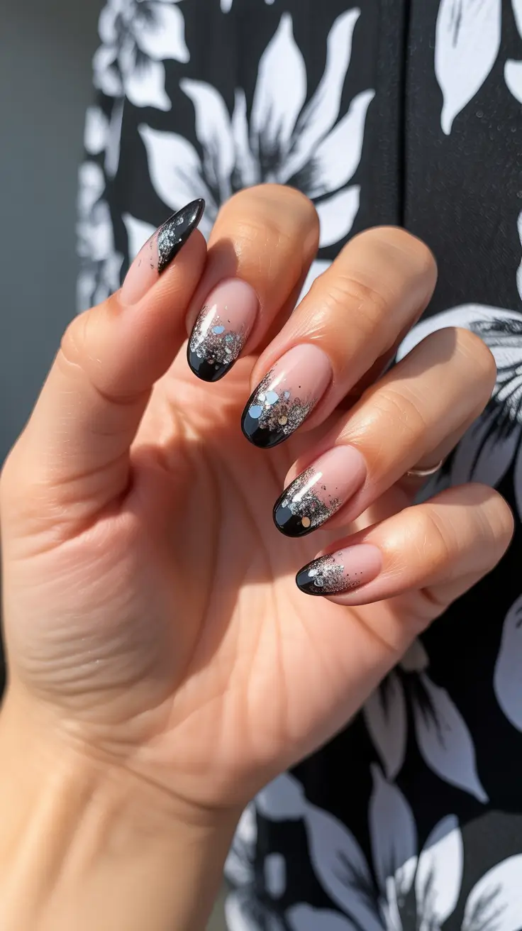Black nails inspiration 2026 Black French Fade with Silver Sparkle