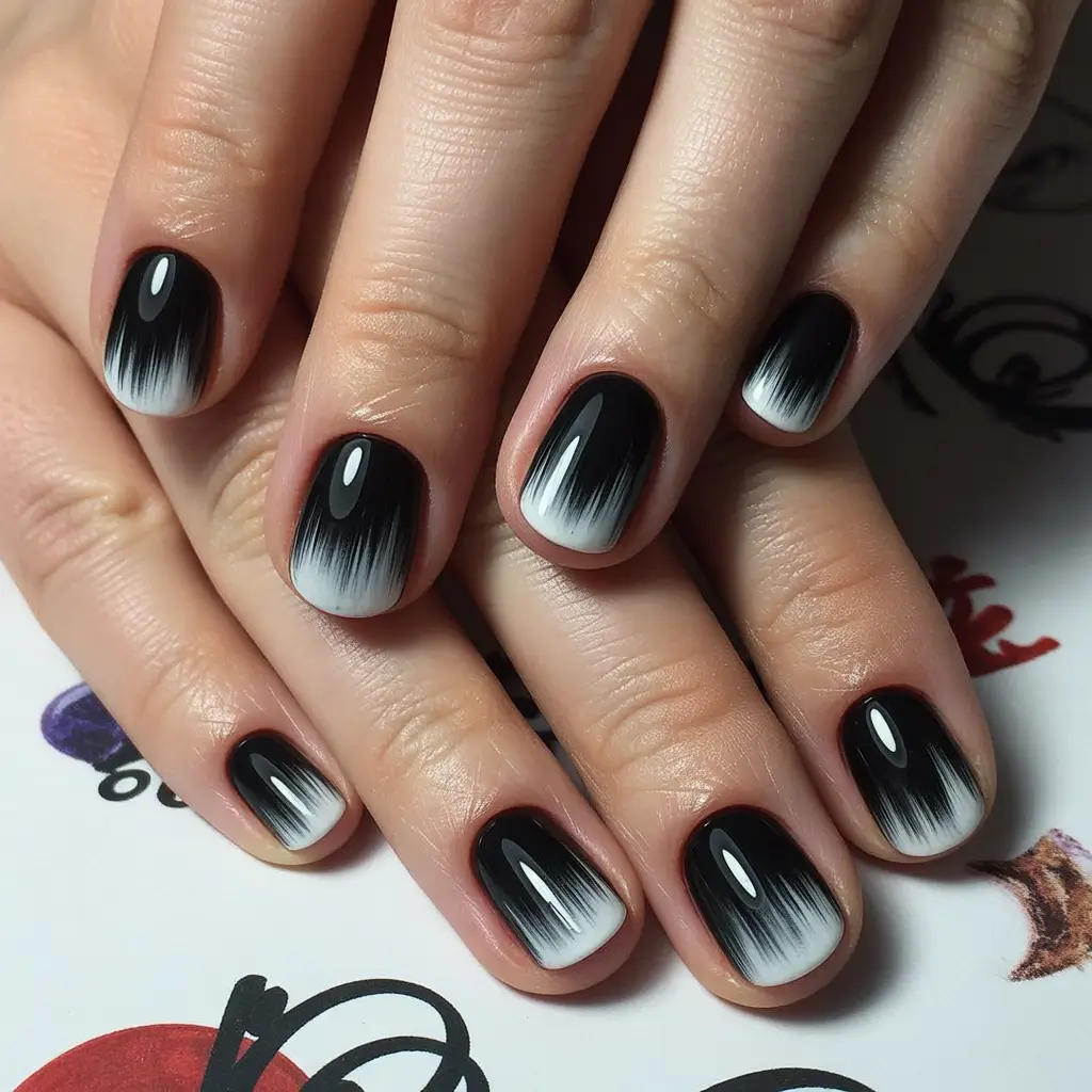 Black nails inspiration 2026 Glossy Black Ombre with White Tips