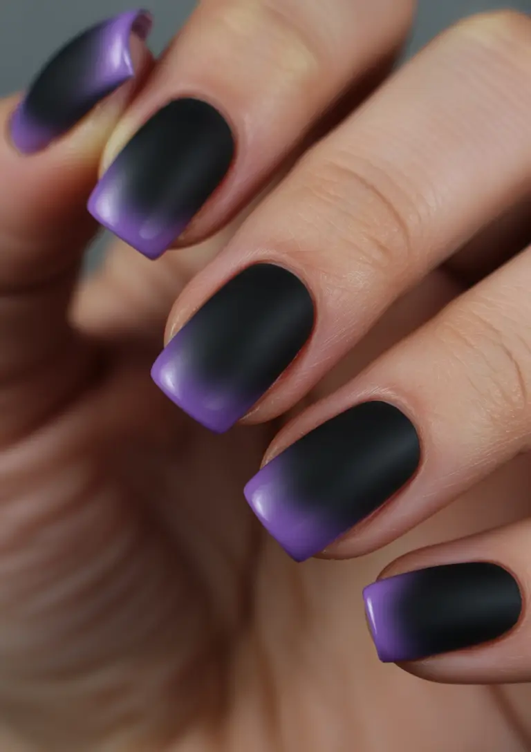 Black nails inspiration 2026 Matte Black with Purple Gradient Tips