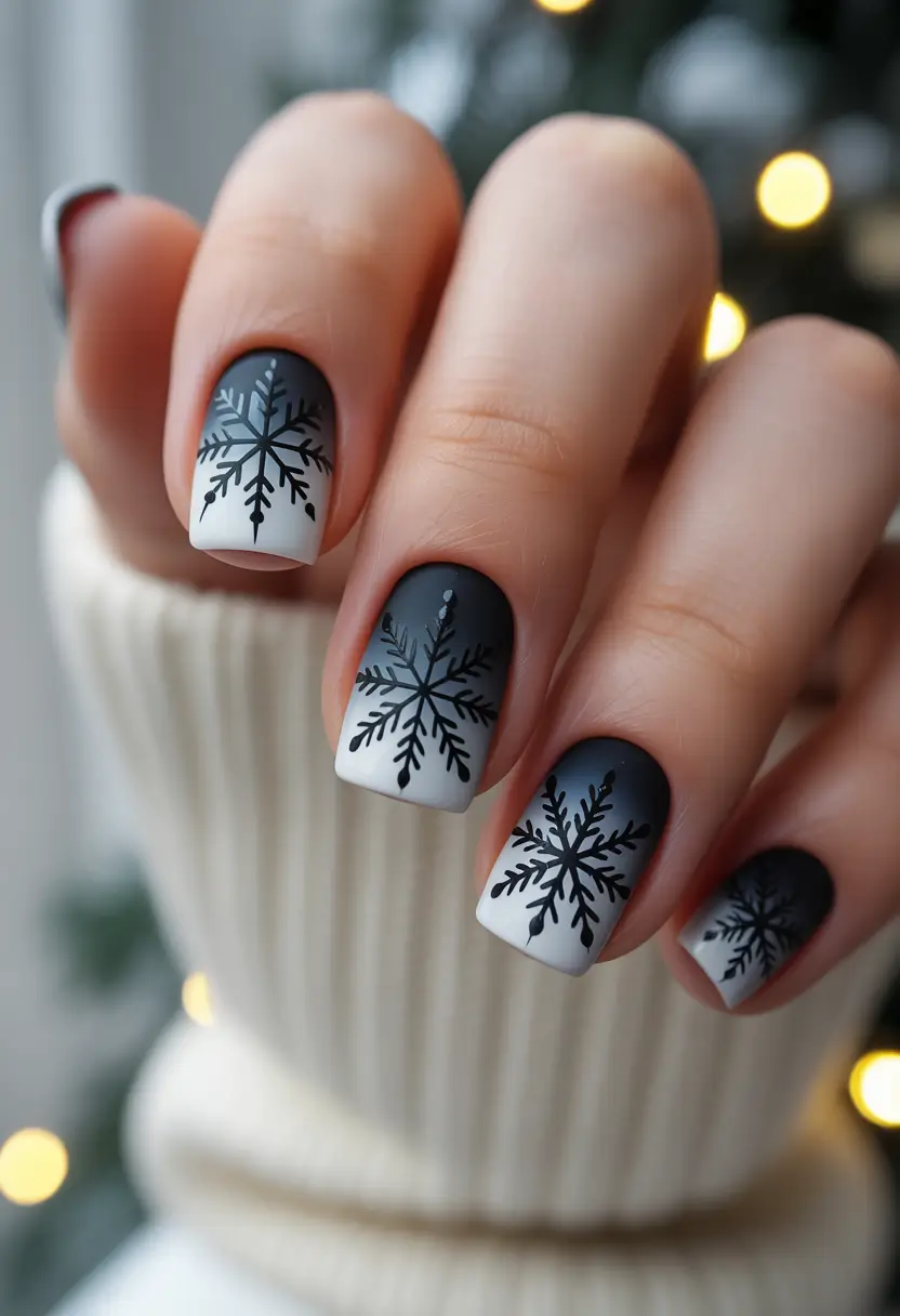 Black nails inspiration 2026 Black and White Winter Graphic Nails
