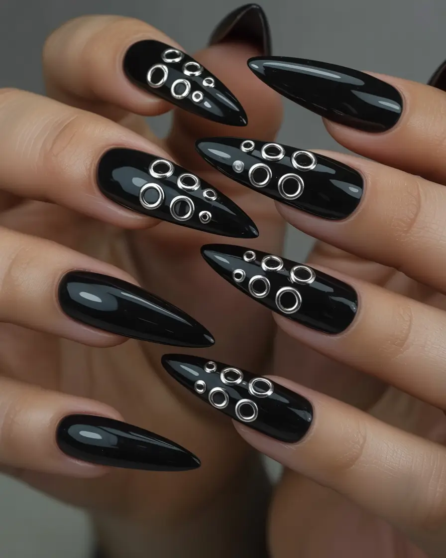 Black nails inspiration 2026 High Gloss Black with Metallic Stud Details