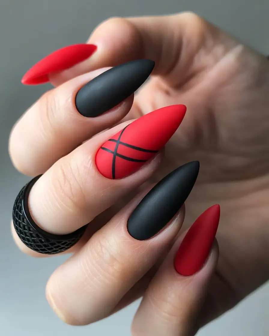 Black nails inspiration 2026 Matte Black and Red Graphic Contrast