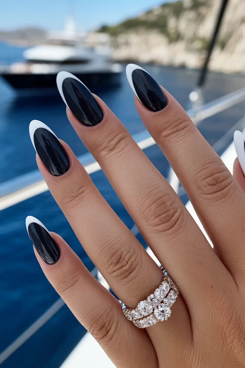 Black nails inspiration 2026 Classic Black French with Crisp White Tips