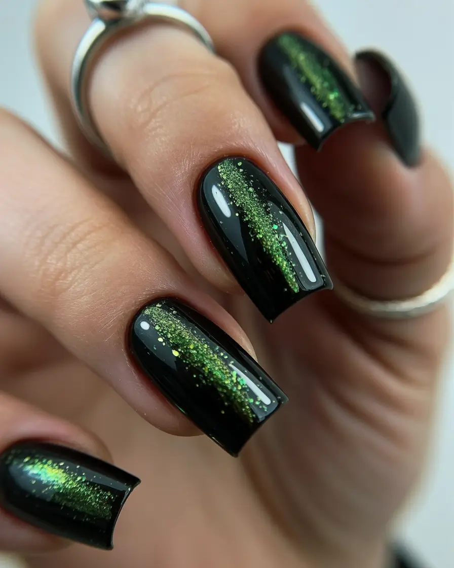 Black nails inspiration 2026 Black Nails with Green Glitter Accent Strip