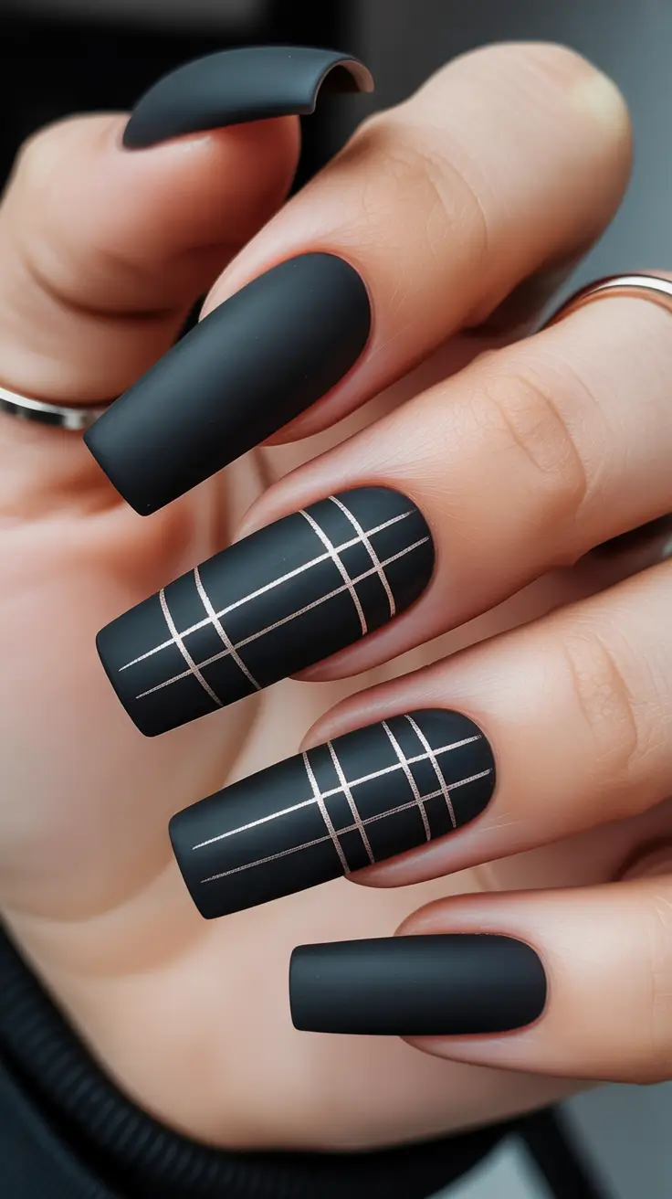 Black nails inspiration 2026 Matte Black with Fine Silver Grid Lines
