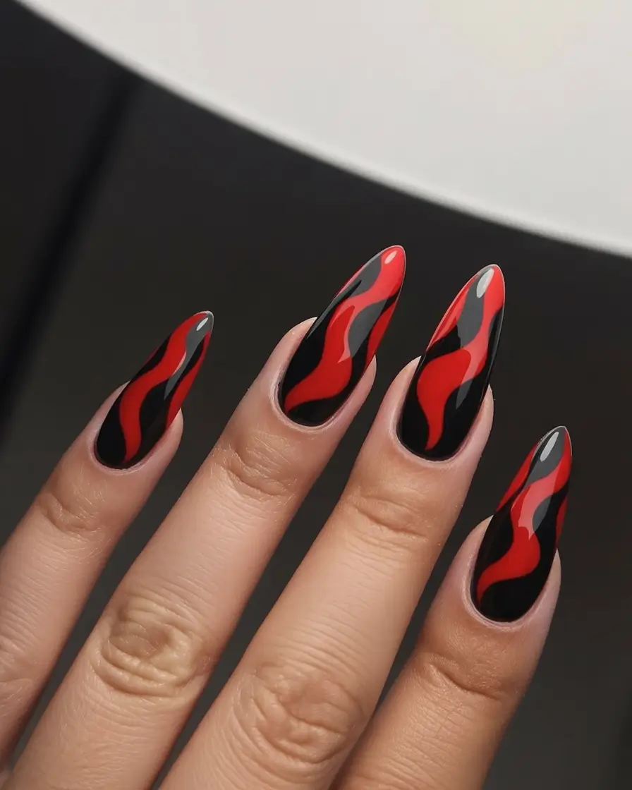 Black nails inspiration 2026 Black Nails with Red Flame Art