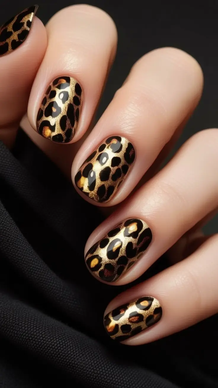 Black nails inspiration 2026 Short Black Nails with Gold Leopard Print