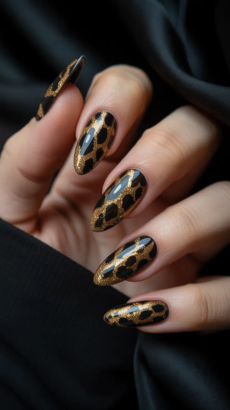 Black nails inspiration 2026 Black and Gold Leopard Accent on Almond Nails