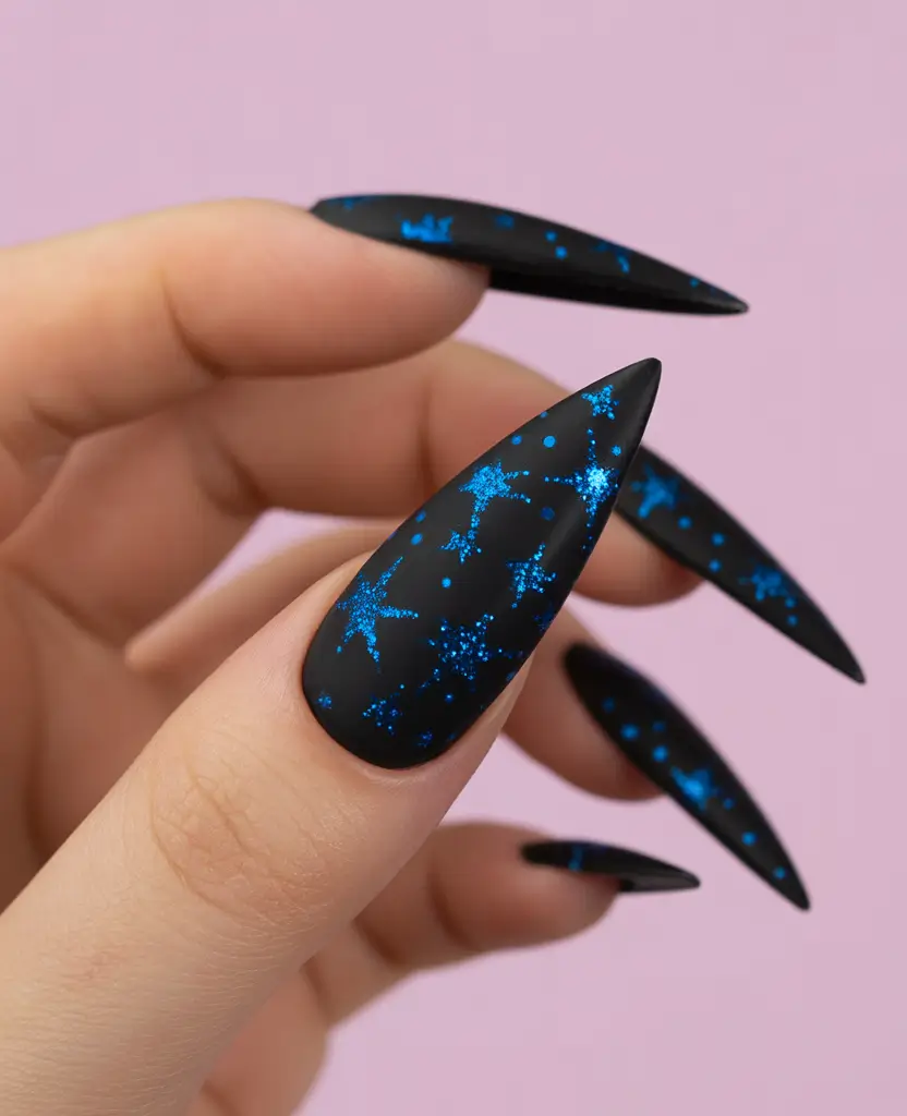 Black nails inspiration 2026 Matte Black with Blue Stardust Texture