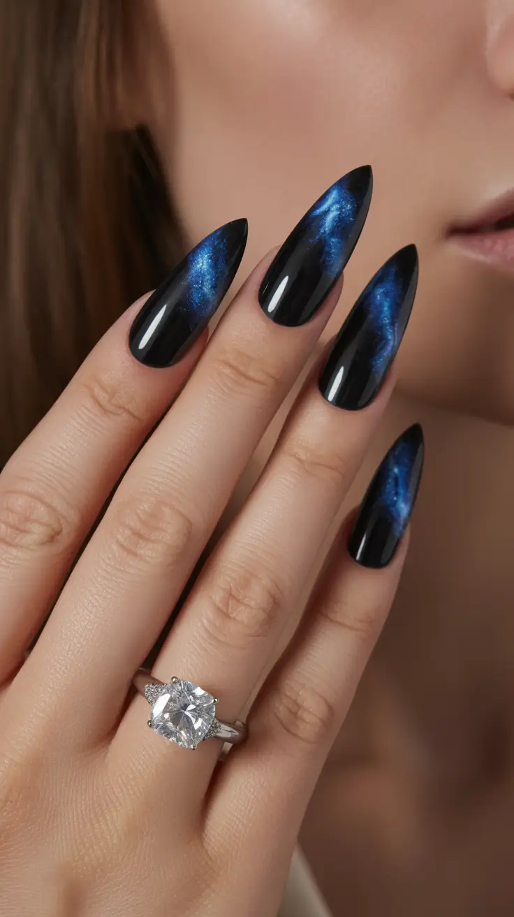 Black nails inspiration 2026 Deep Black with Blue Cat Eye Glow
