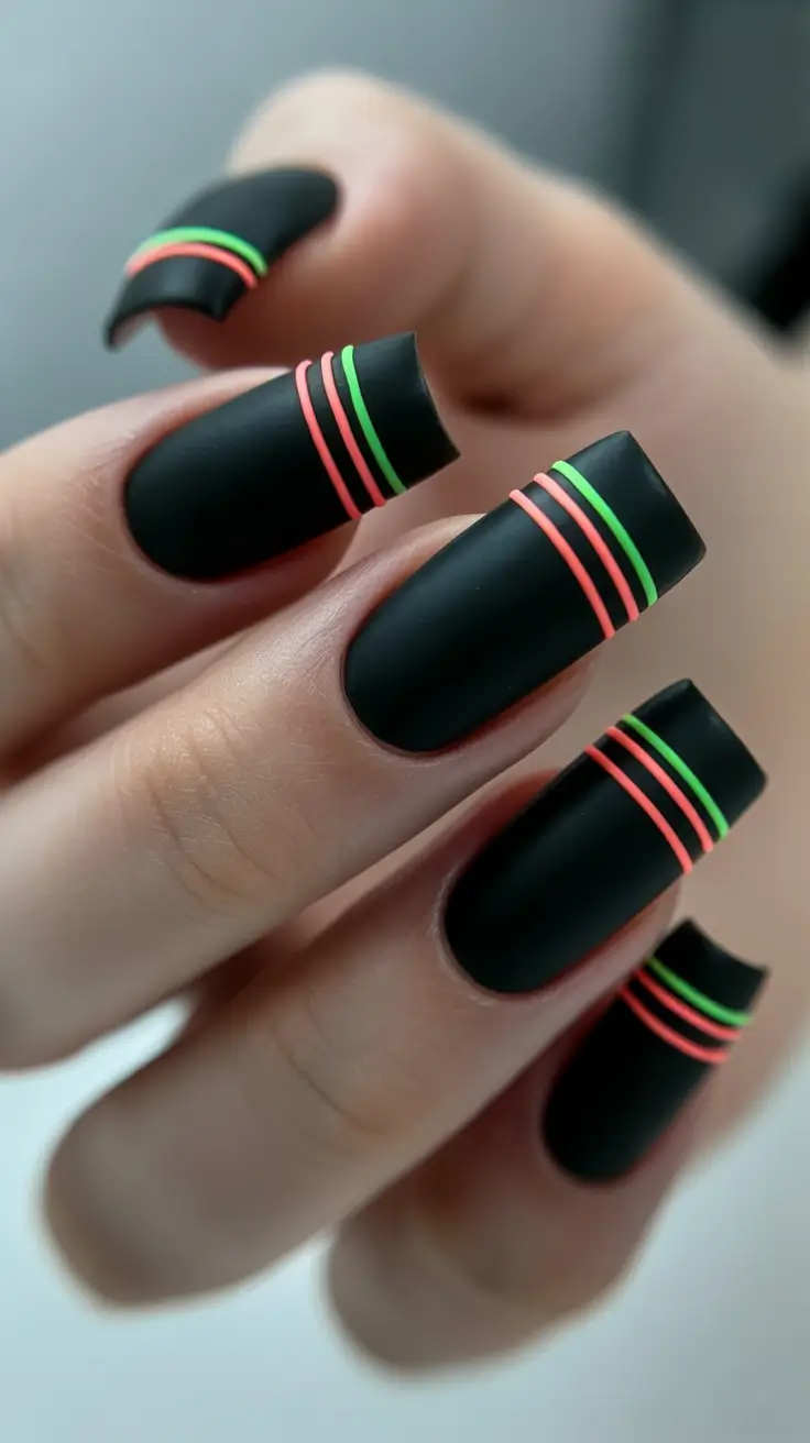 Black nails inspiration 2026 Matte Black with Neon Line Accents