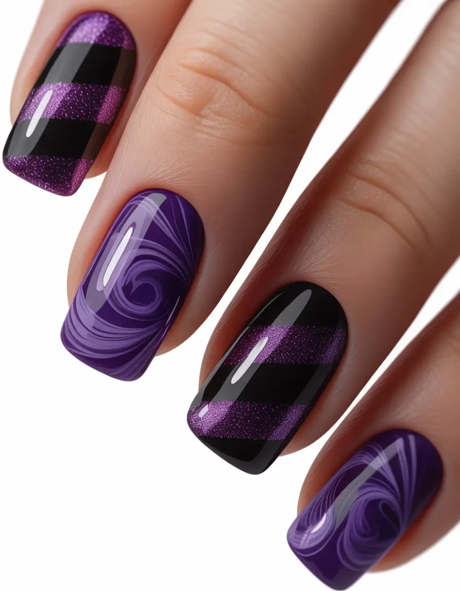 Black nails inspiration 2026 Black with Dark Purple Graphic Swirls