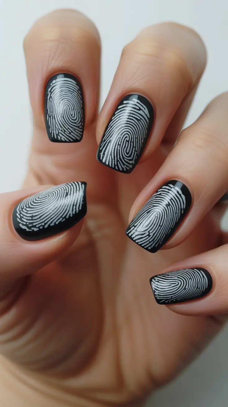 Black nails inspiration 2026 Black with White Fingerprint Art