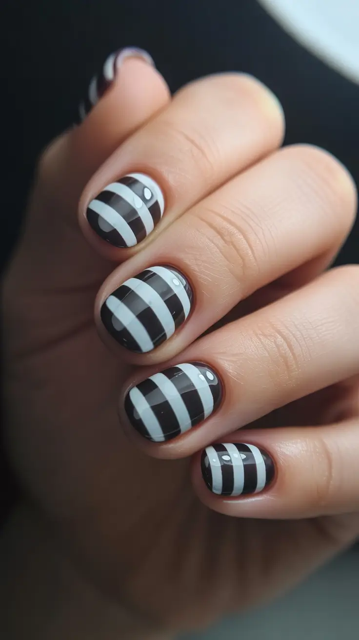 Black nails inspiration 2026 Short Black and White Striped Minimalism