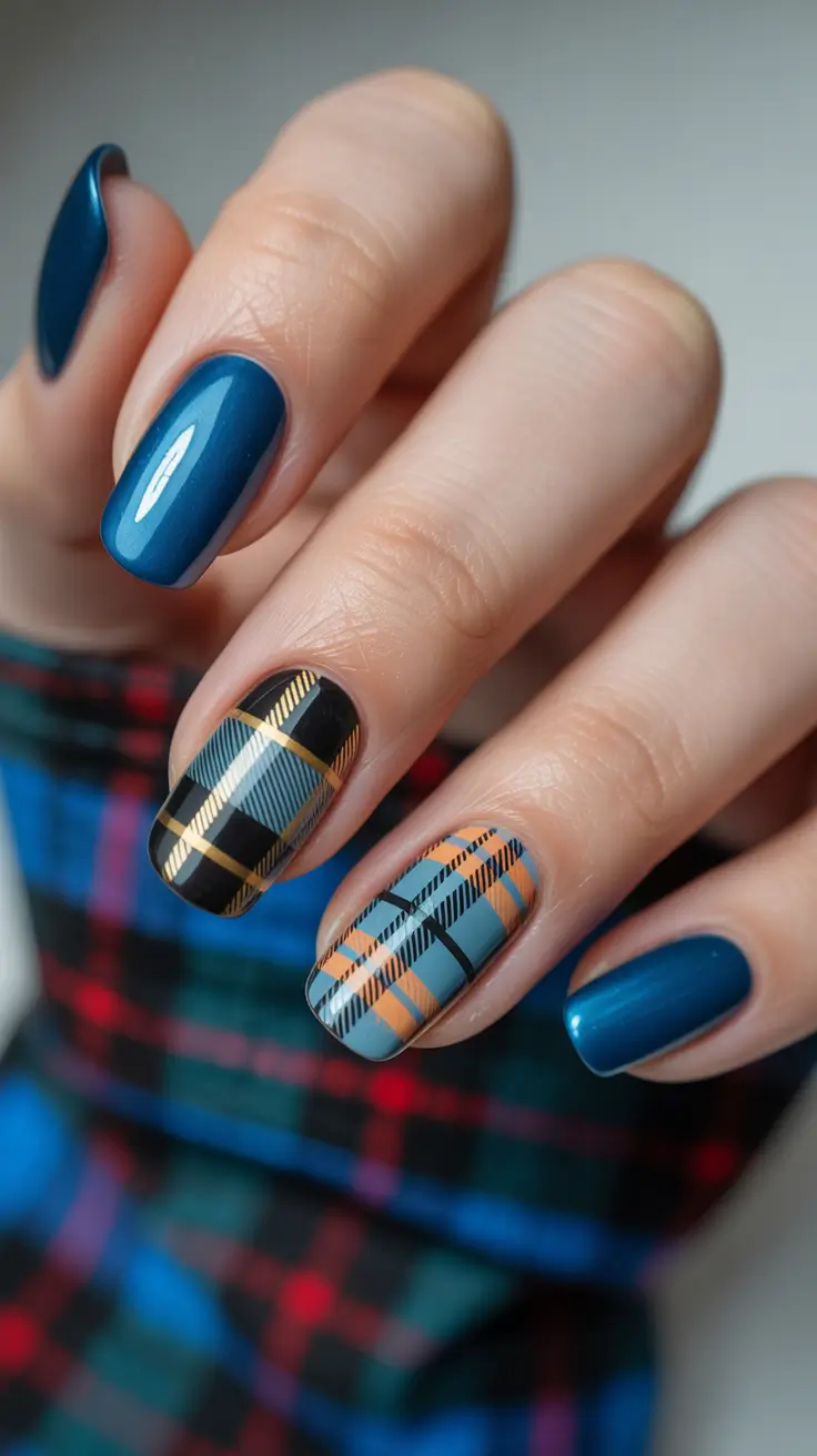 blue nails inspiration 2026 Blue Plaid Art