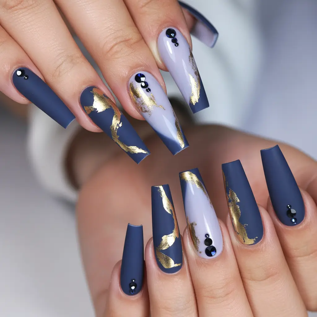blue nails inspiration 2026 Navy Gold Foil