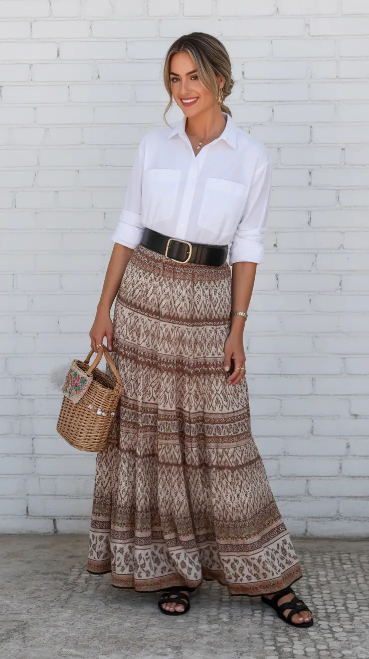Effortless spring fashion outfits 2026 patterned skirt white shirt