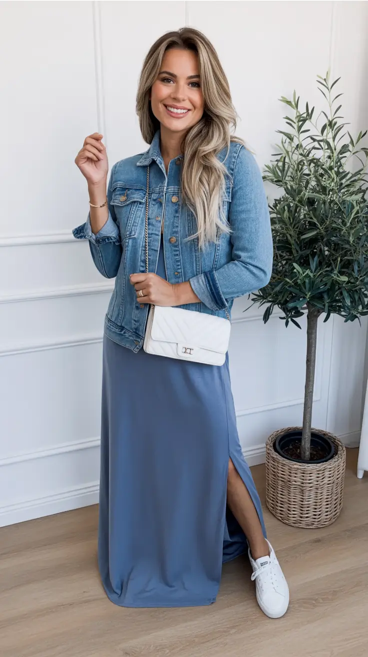 Effortless spring fashion outfits 2026 denim jacket dress look