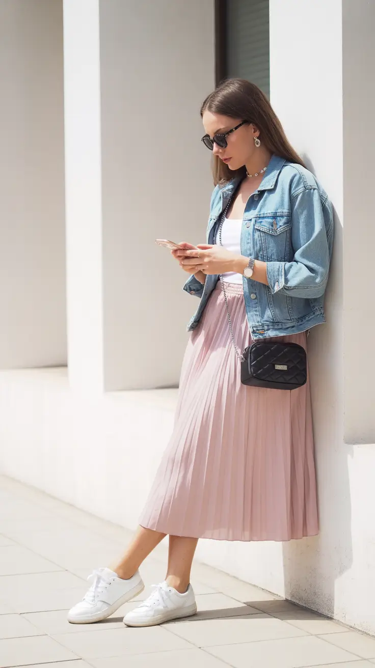 Effortless spring fashion outfits 2026 denim jacket pleated skirt