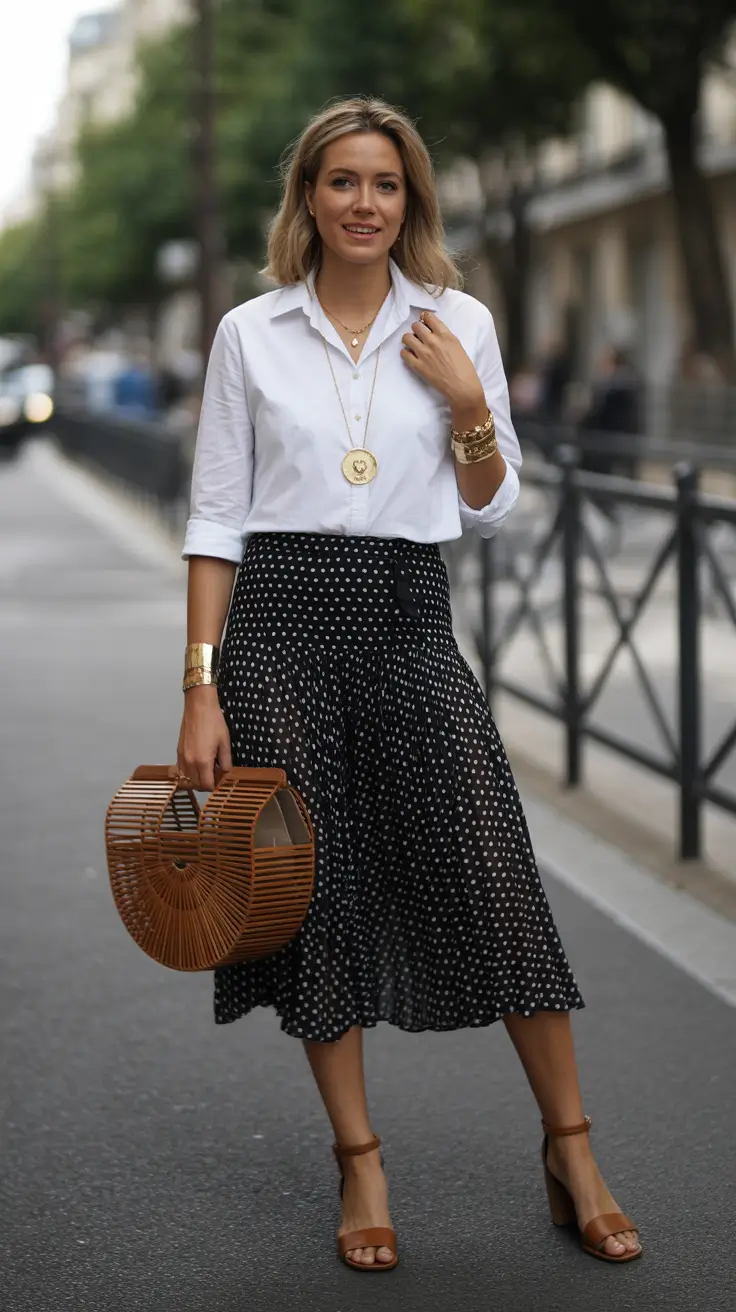 Effortless spring fashion outfits 2026 white shirt polka dot skirt