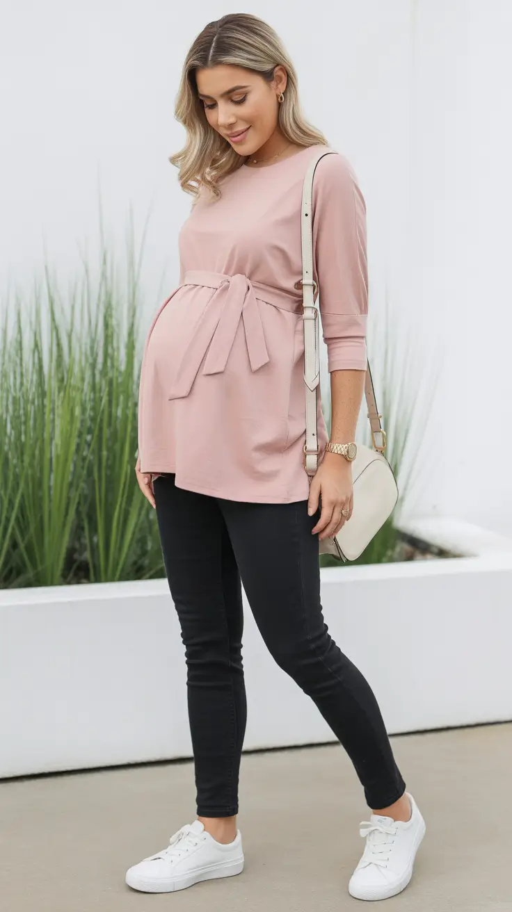 Effortless spring outfit for pregnant women 2026 Blush Tones That Soften the Everyday