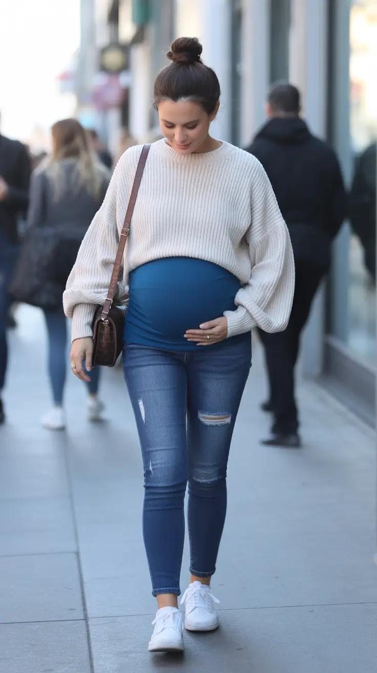 Effortless spring outfit for pregnant women 2026 Everyday Denim With Cozy Contrast