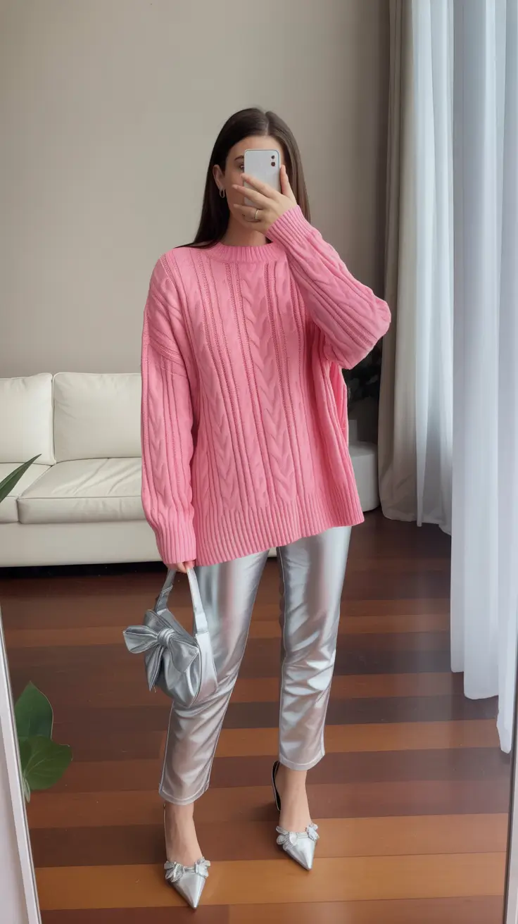 Elegant Every Day Simpl Spring Outfits 2026 Pink Knit Metallic Pants