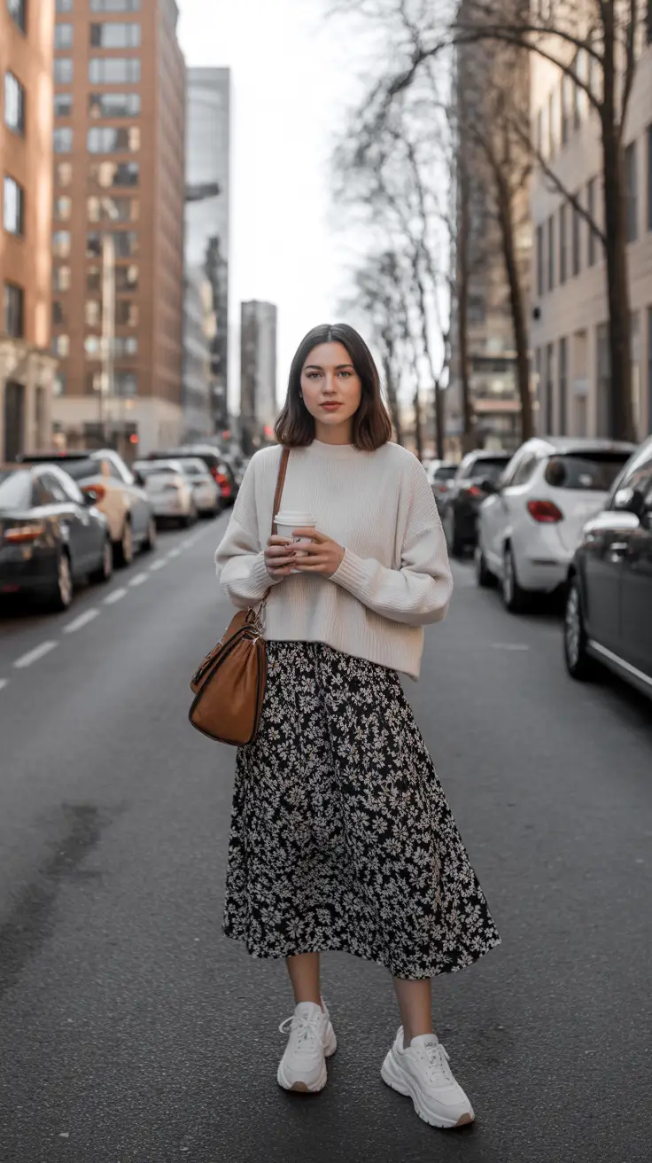 Elegant Every Day Simpl Spring Outfits 2026 Neutral Knit Floral Skirt