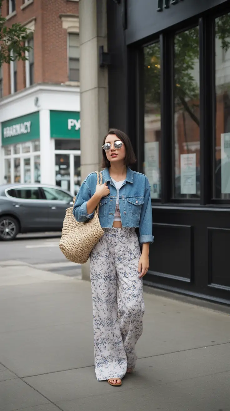 Elegant Every Day Simpl Spring Outfits 2026 Denim Jacket Printed Pants