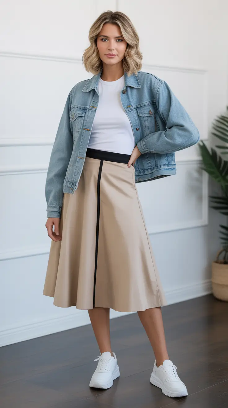 Essential sneakers spring outfit 2026 Beige skirt White sneakers
