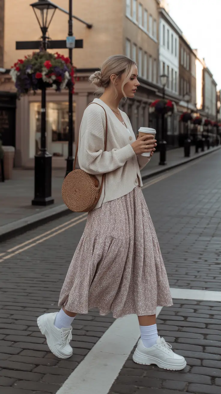 Essential sneakers spring outfit 2026 Chunky sneakers skirt