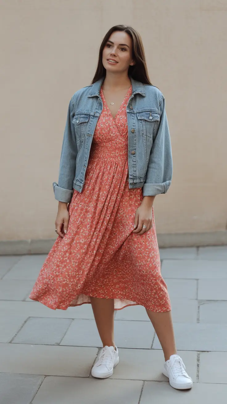 Essential sneakers spring outfit 2026 Pink dress denim jacket