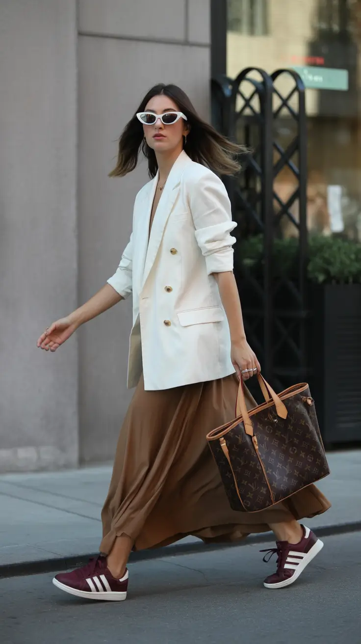 Essential sneakers spring outfit 2026 White blazer skirt