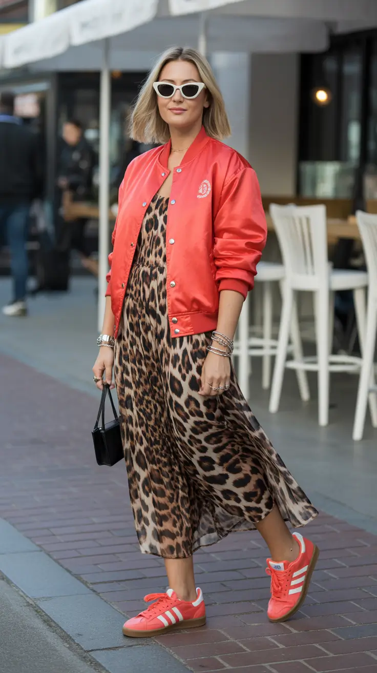 Essential sneakers spring outfit 2026 Leopard dress Red sneakers