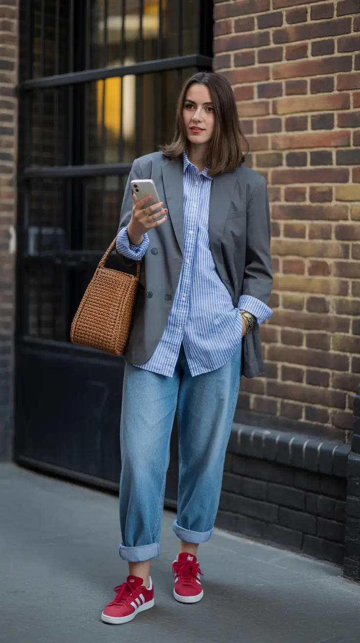 Essential sneakers spring outfit 2026 Red Adidas relaxed tailoring