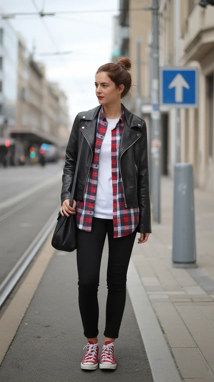 Essential sneakers spring outfit 2026 Black pants leather jacket