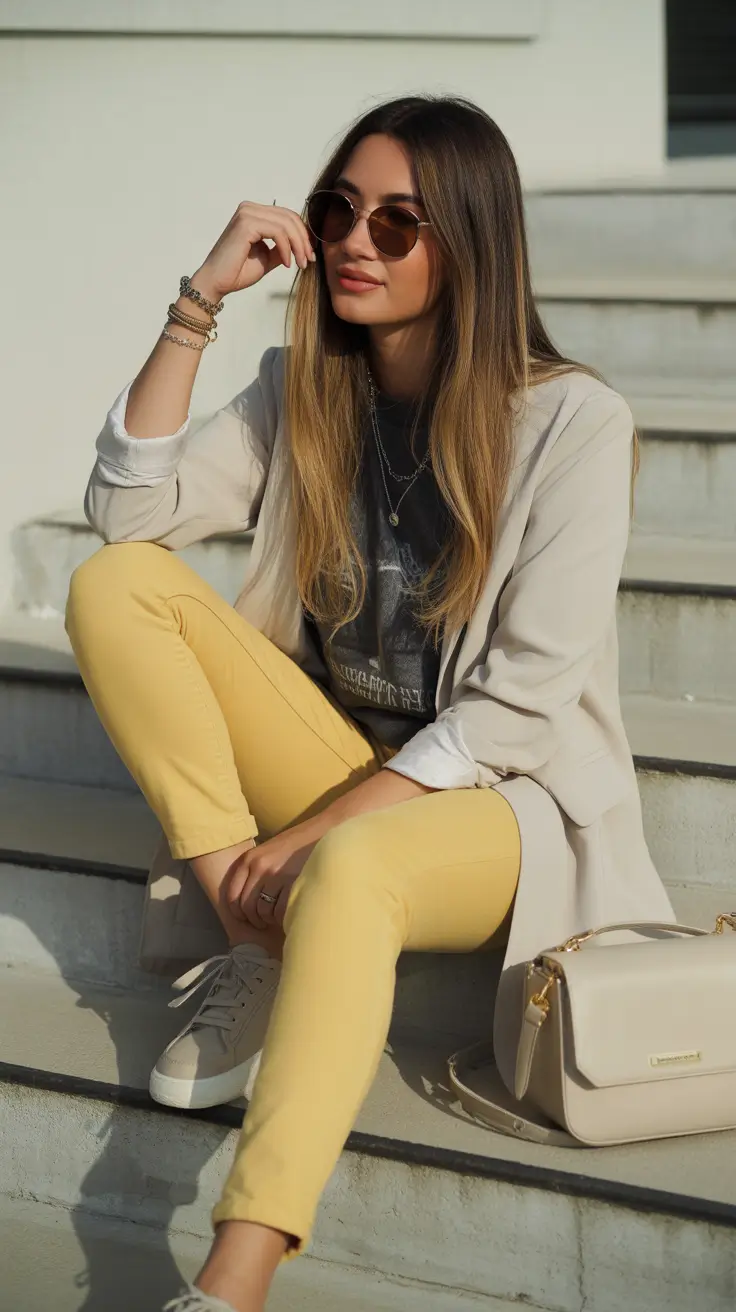 Essential sneakers spring outfit 2026 Yellow pants casual look
