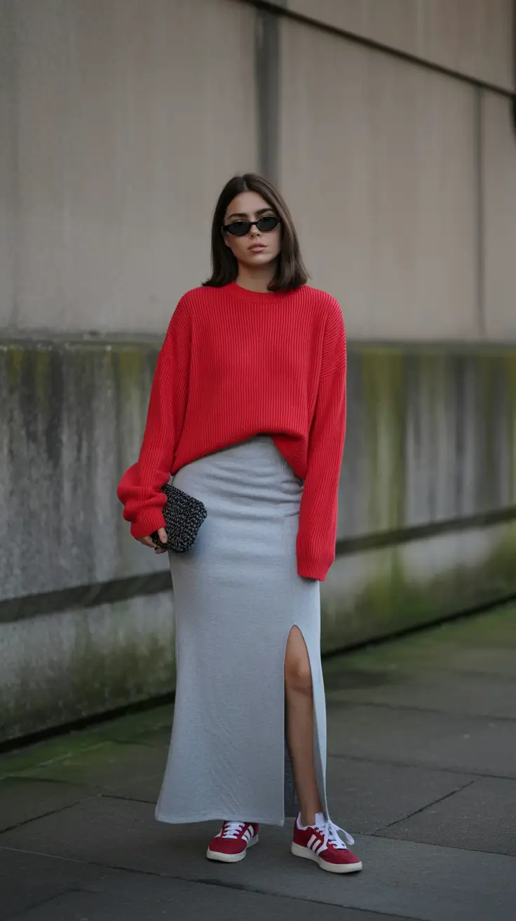 Essential sneakers spring outfit 2026 Red Grey Adidas style