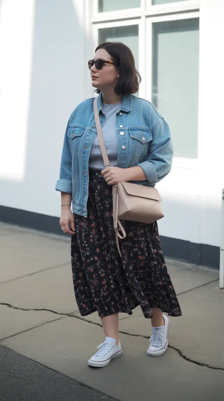 Essential sneakers spring outfit 2026 floral skirt denim jacket