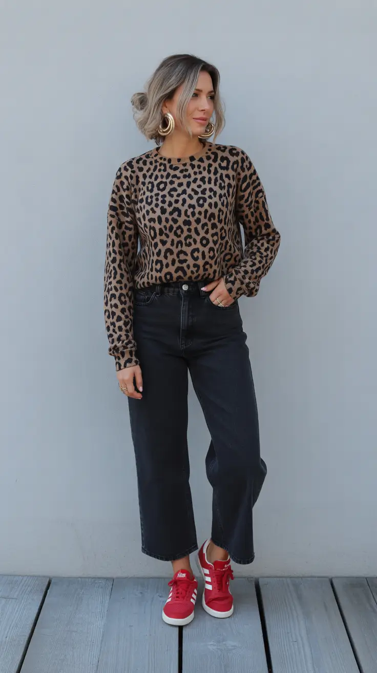 Essential sneakers spring outfit 2026 Leopard top Red sneakers