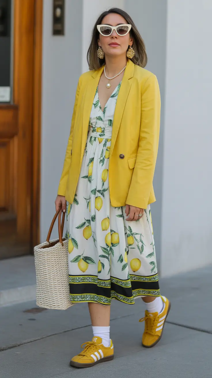 Essential sneakers spring outfit 2026 Yellow sneakers with dress