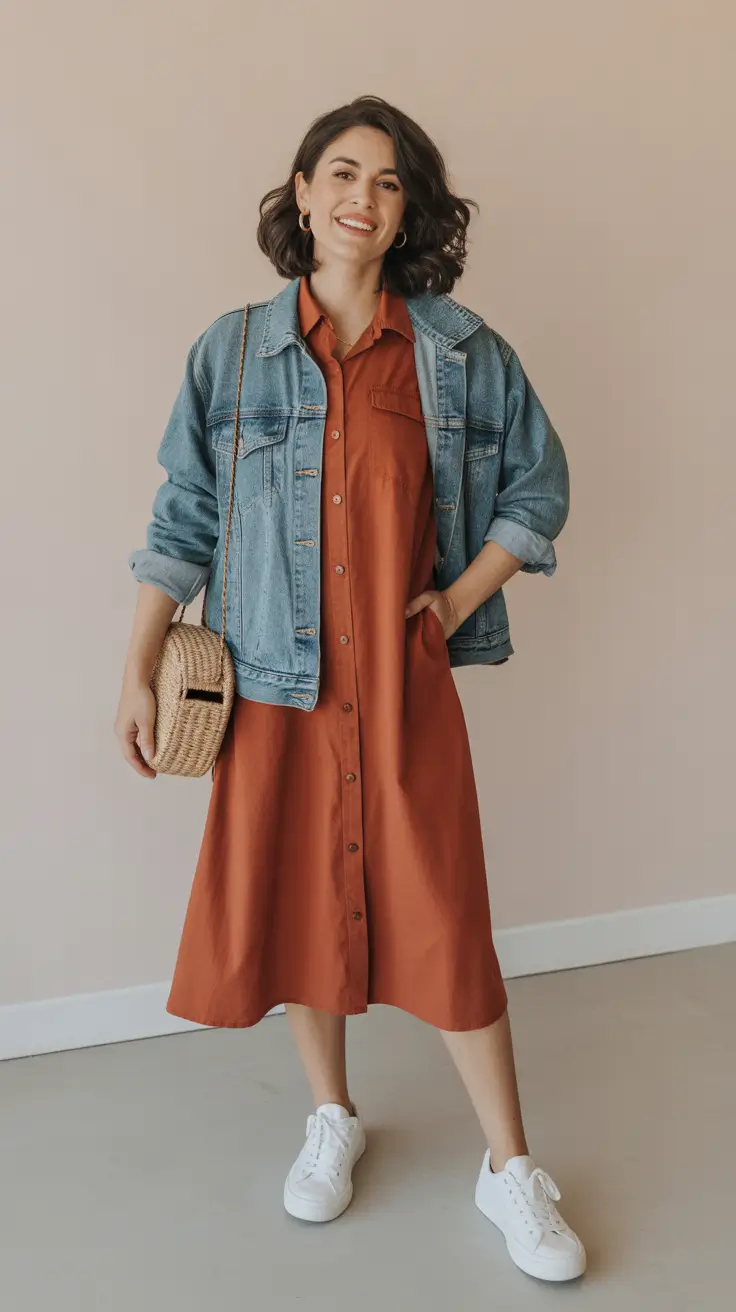 Essential sneakers spring outfit 2026 denim jacket dress