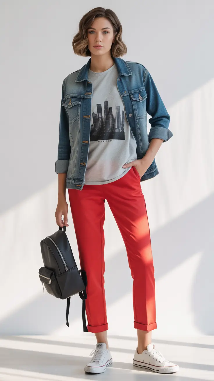 Essential spring mom outfits 2026 Bold Color Meets Everyday Denim Confidence